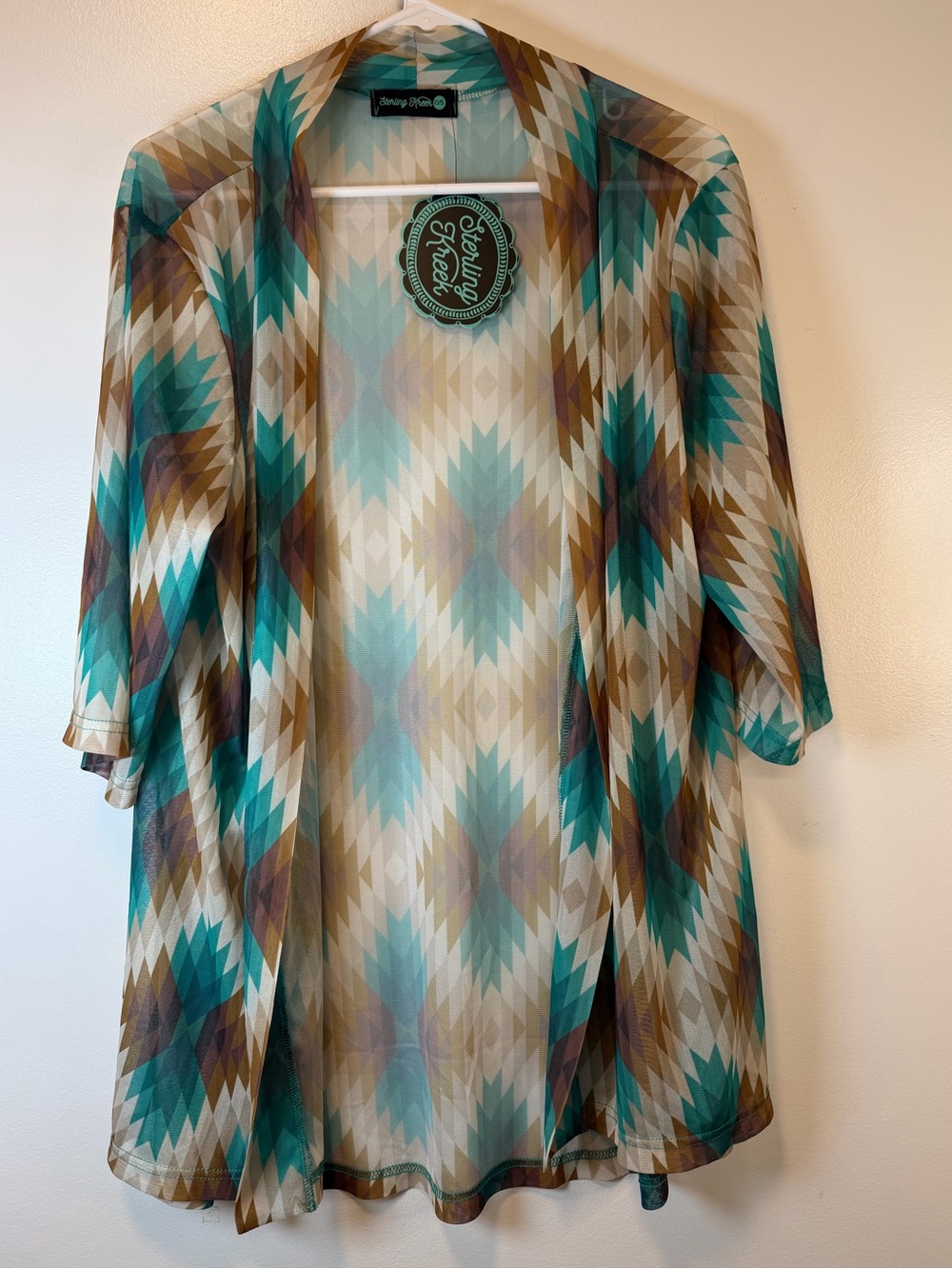 Sterling Kreek Sheer Open Front turquoise brown Western Aztec Cardigan One Size